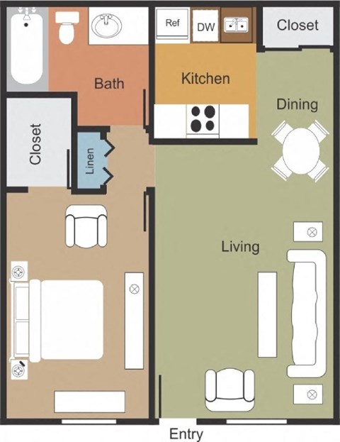 A floor plan of a small apartment with a living room, kitchen, dining room, and bathroom.